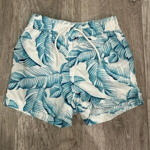Blue Leaf Print Boy Swim Shorts